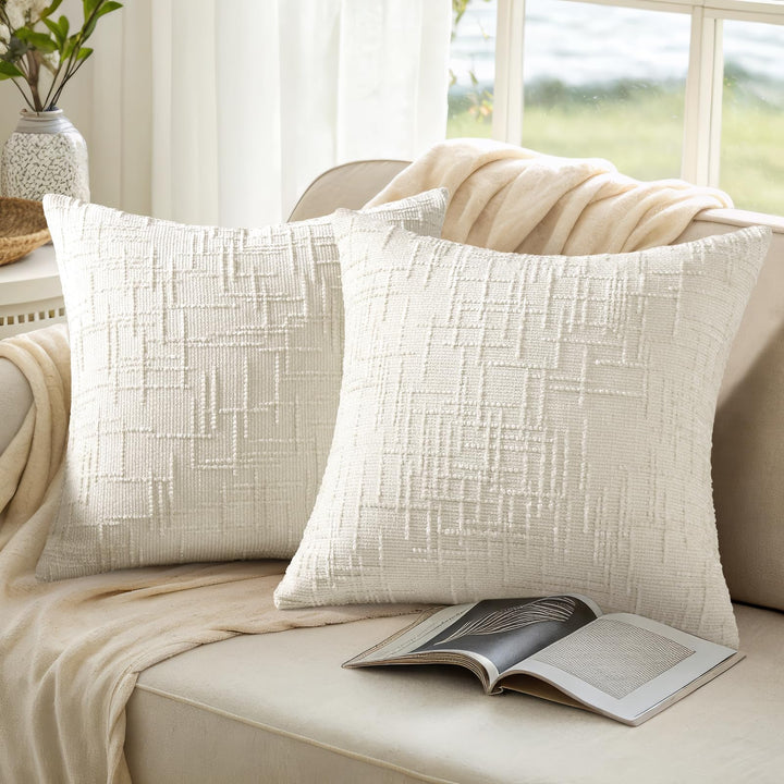 decorUhome Textured Chenille Throw Pillow Covers 18x18 Set of 2 Cream White 