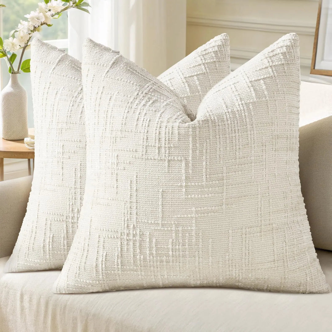 decorUhome Textured Chenille Throw Pillow Covers 18x18 Set of 2 Cream White