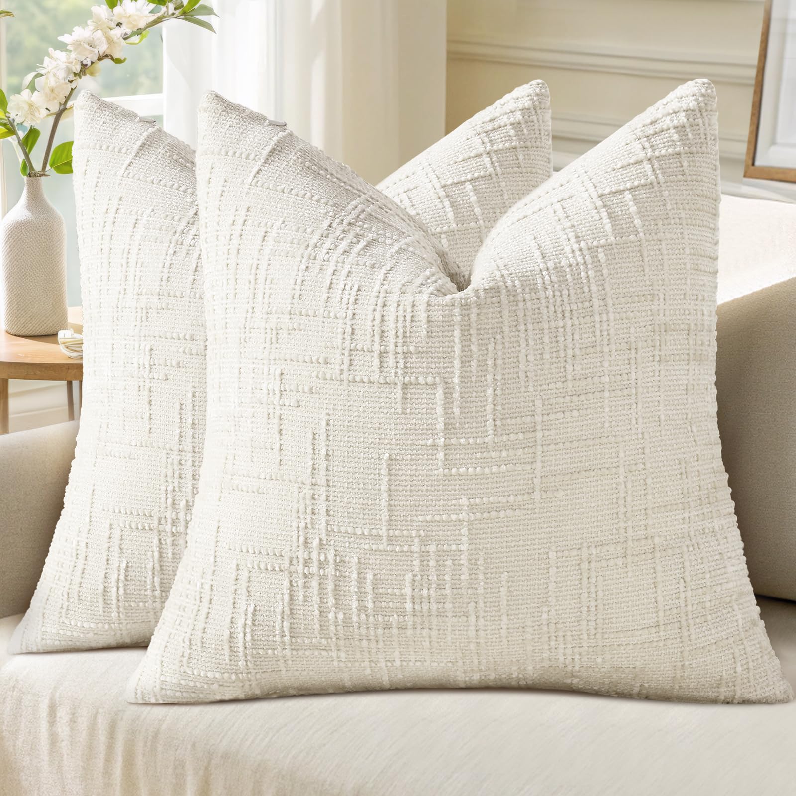 decorUhome Textured Chenille Throw Pillow Covers 18x18 Set of 2 Cream White 