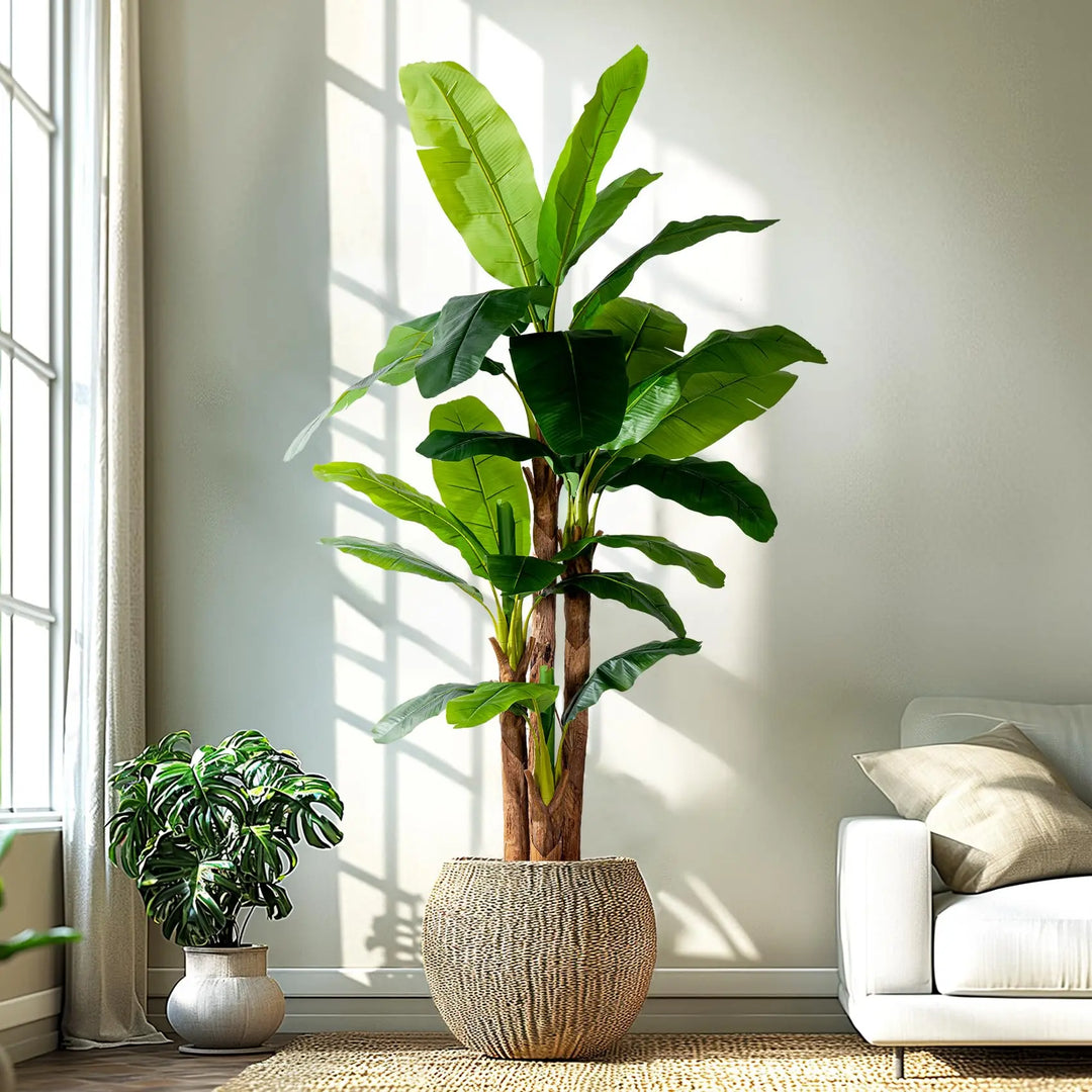 Erimda 8.2FT Artificial Banana Tree, Lifelike Fake Banana Leaf Tropical Silk Tree, Easy Assembly Faux Floor Plant with Sturdy Trunk, Maintenance Free for Indoor Home Patio Pool Outdoor Tropical Decor 