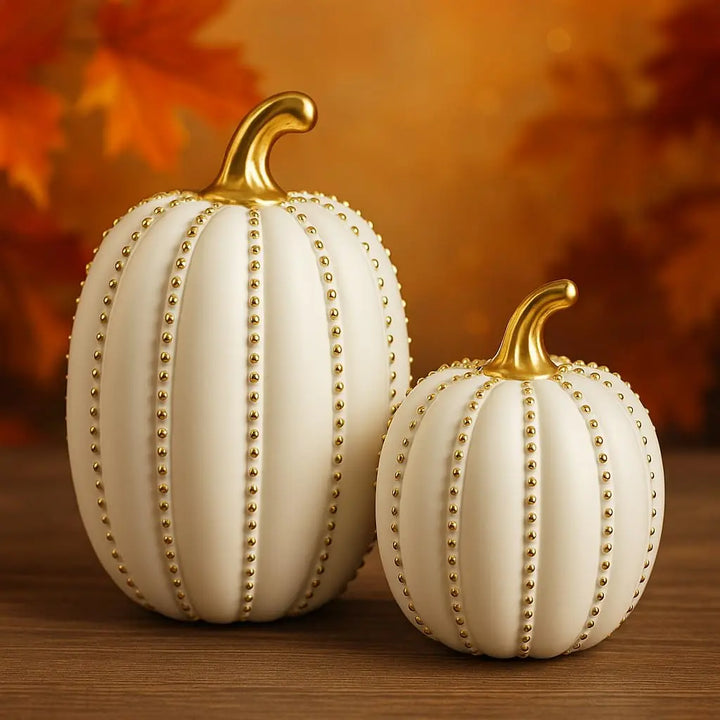 iStatue Set of 2 Decorative Pumpkins - Elegant Beaded Resin Fall Decorations, White