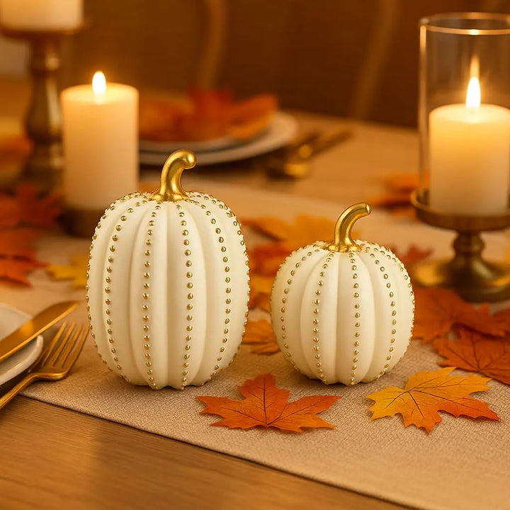 iStatue Set of 2 Decorative Pumpkins - Elegant Beaded Resin Fall Decorations, White