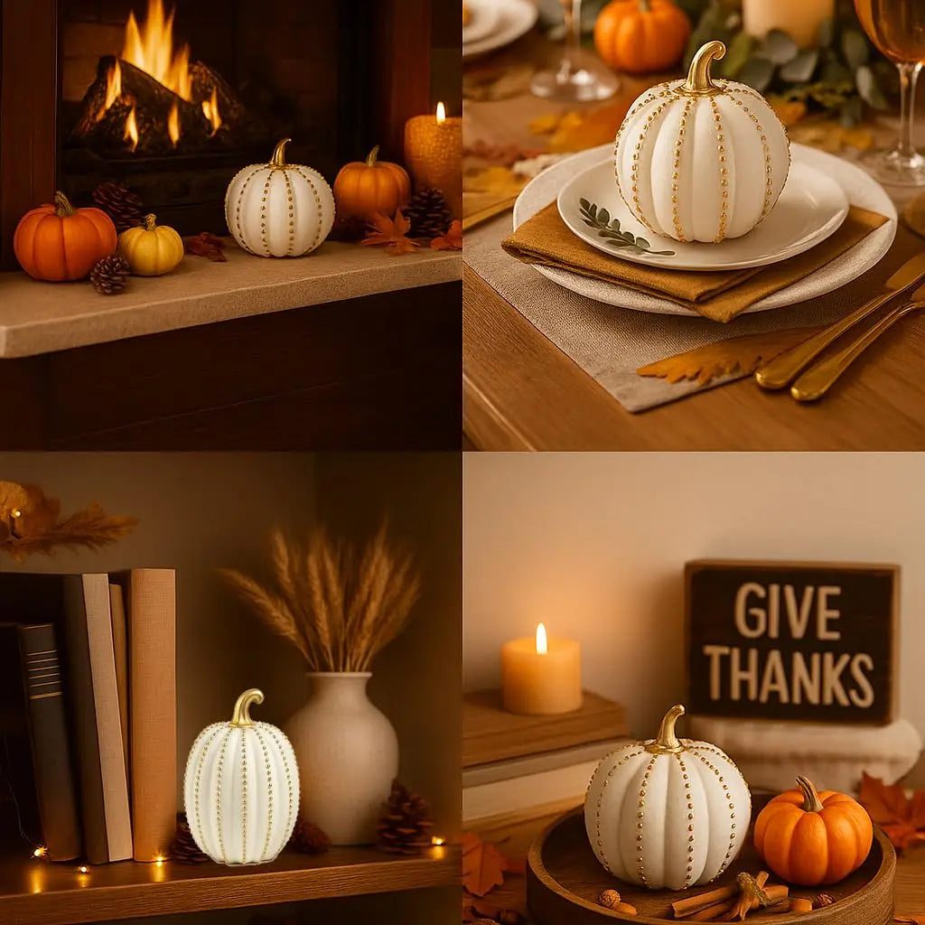 iStatue Set of 2 Decorative Pumpkins - Elegant Beaded Resin Fall Decorations, White