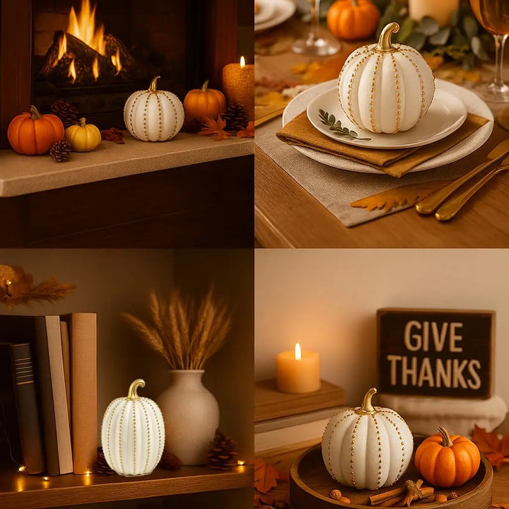 iStatue Set of 2 Decorative Pumpkins - Elegant Beaded Resin Fall Decorations, White