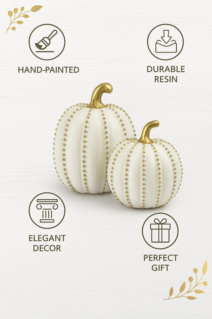 iStatue Set of 2 Decorative Pumpkins - Elegant Beaded Resin Fall Decorations, White