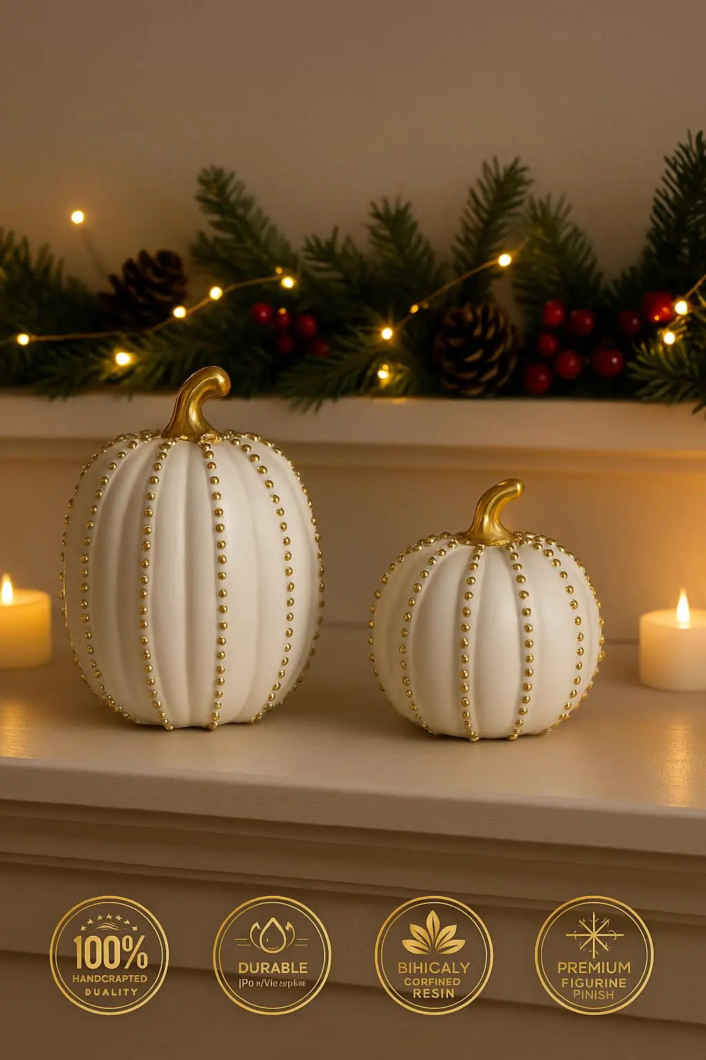 iStatue Set of 2 Decorative Pumpkins - Elegant Beaded Resin Fall Decorations, White