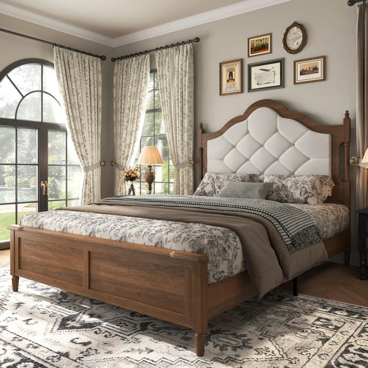 ivoros Queen Size Platform Bed Frame with Upholstered Tufted Diamond Headboard, Modern Transitional Style Bed, Engineered Wood Support, No Box Spring Needed, Brown 