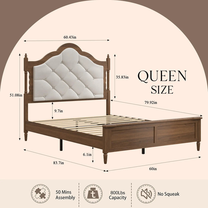 ivoros Queen Size Platform Bed Frame with Upholstered Tufted Diamond Headboard, Modern Transitional Style Bed, Engineered Wood Support, No Box Spring Needed, Brown 