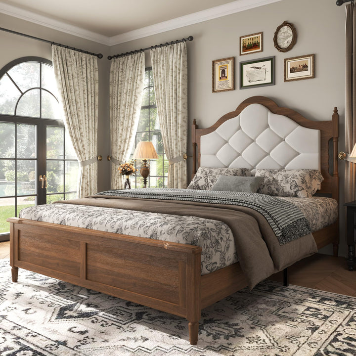ivoros Queen Size Platform Bed Frame with Upholstered Tufted Diamond Headboard, Modern Transitional Style Bed, Engineered Wood Support, No Box Spring Needed, Brown 