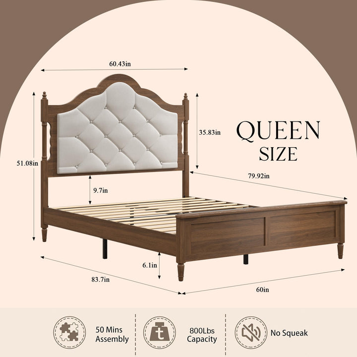 ivoros Queen Size Platform Bed Frame with Upholstered Tufted Diamond Headboard, Modern Transitional Style Bed, Engineered Wood Support, No Box Spring Needed, Brown 