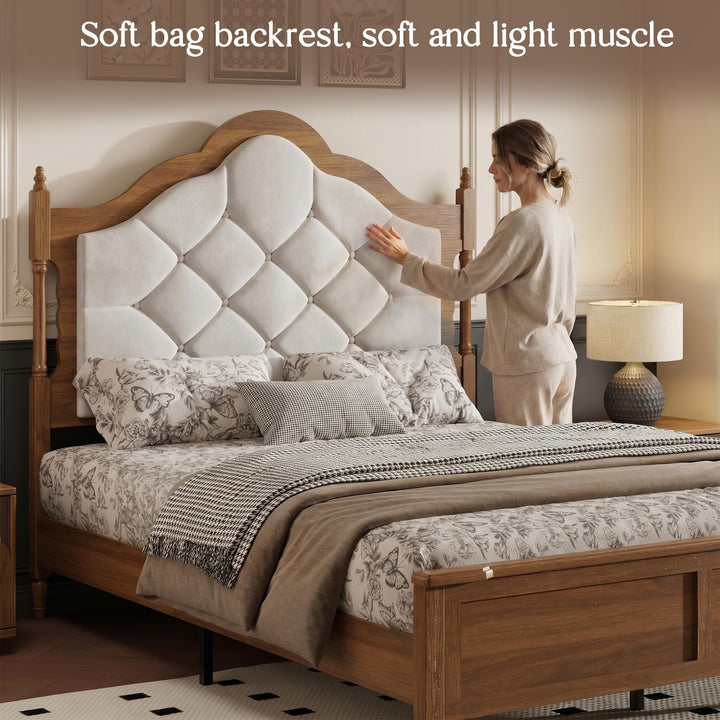 ivoros Queen Size Platform Bed Frame with Upholstered Tufted Diamond Headboard, Modern Transitional Style Bed, Engineered Wood Support, No Box Spring Needed, Brown 