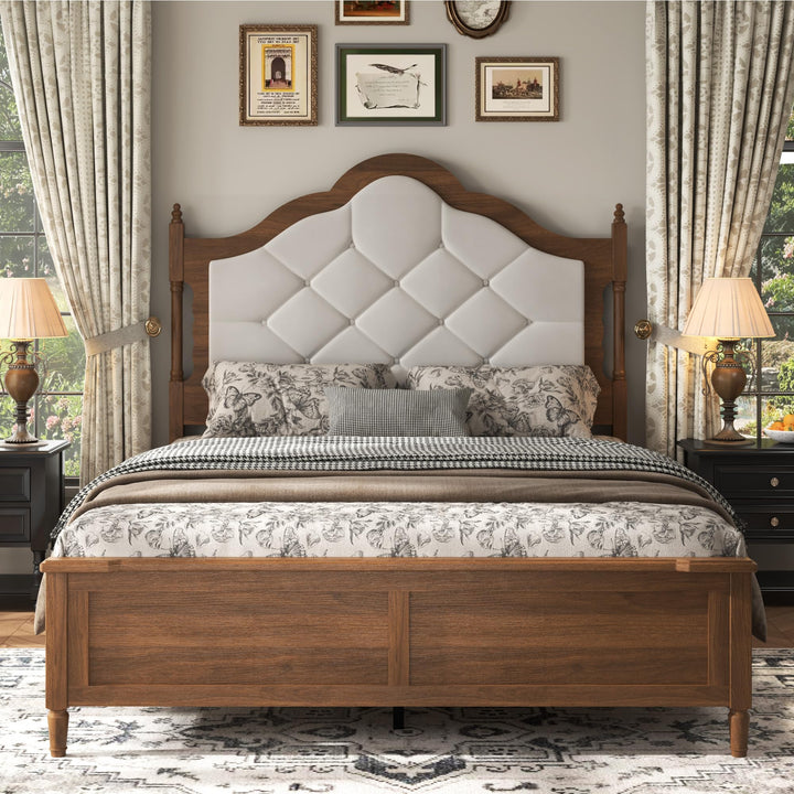 ivoros Queen Size Platform Bed Frame with Upholstered Tufted Diamond Headboard, Modern Transitional Style Bed, Engineered Wood Support, No Box Spring Needed, Brown 