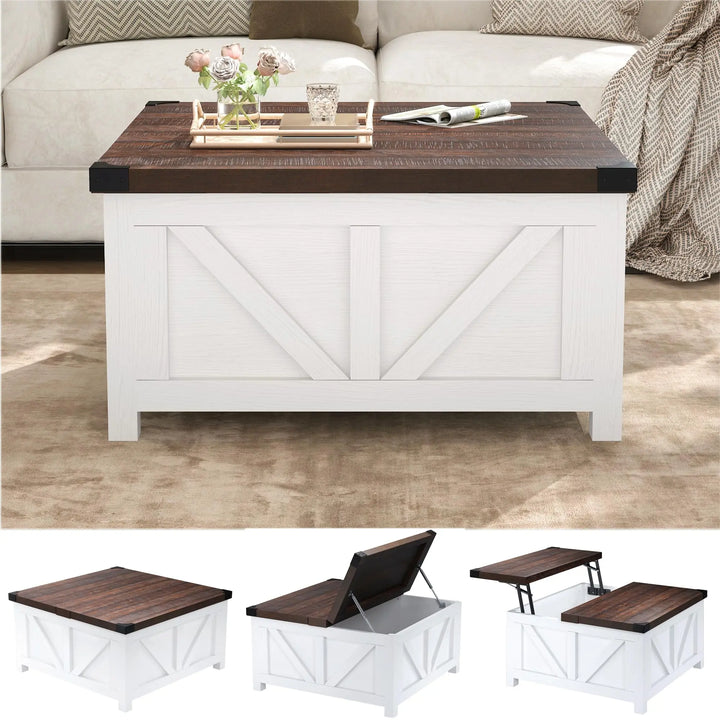 jimeimen Farmhouse Lift Top Coffee Table with Storage, Wood Square Center Table with Charging Station&amp;USB Port, Living Room Table w/Large Hidden Space, for Living Room, Bedroom, Home Office, White 