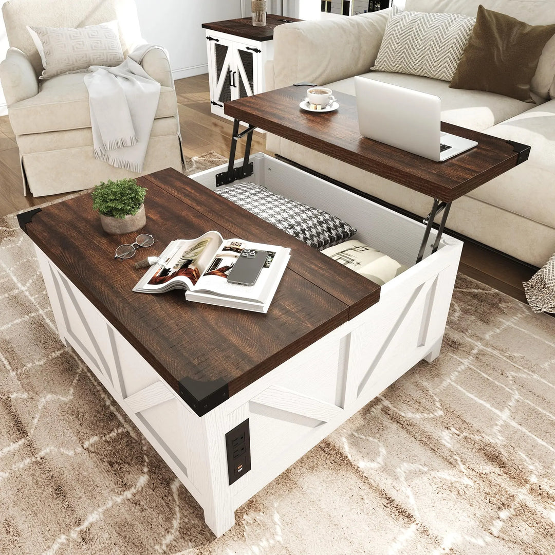jimeimen Farmhouse Lift Top Coffee Table with Storage, Wood Square Center Table with Charging Station&USB Port, Living Room Table w/Large Hidden Space, for Living Room, Bedroom, Home Office, White