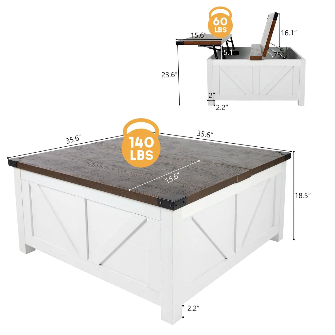 jimeimen Farmhouse Lift Top Coffee Table with Storage, Wood Square Center Table with Charging Station&USB Port, Living Room Table w/Large Hidden Space, for Living Room, Bedroom, Home Office, White