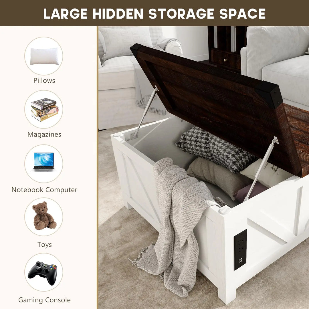 jimeimen Farmhouse Lift Top Coffee Table with Storage, Wood Square Center Table with Charging Station&USB Port, Living Room Table w/Large Hidden Space, for Living Room, Bedroom, Home Office, White
