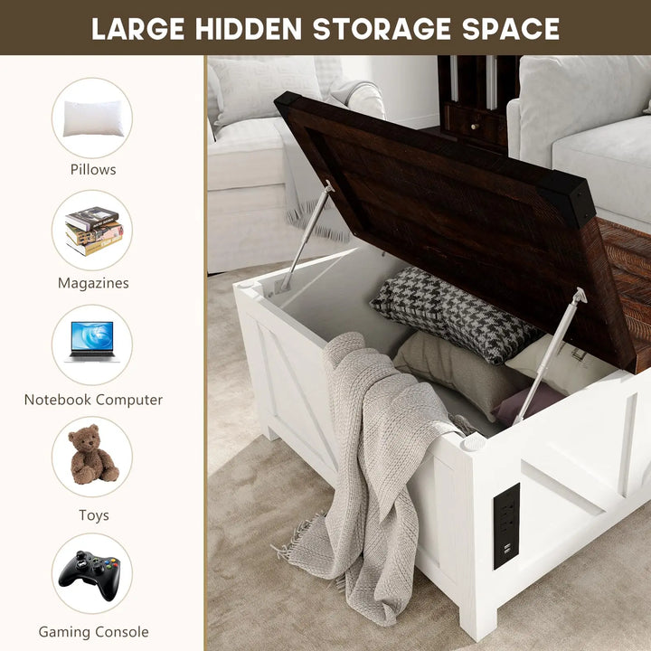 jimeimen Farmhouse Lift Top Coffee Table with Storage, Wood Square Center Table with Charging Station&USB Port, Living Room Table w/Large Hidden Space, for Living Room, Bedroom, Home Office, White
