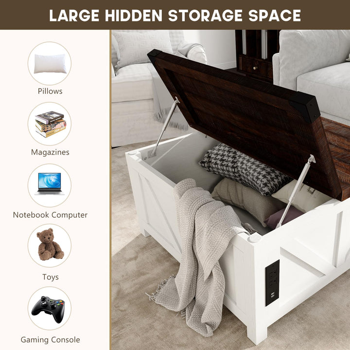 jimeimen Farmhouse Lift Top Coffee Table with Storage, Wood Square Center Table with Charging Station&amp;USB Port, Living Room Table w/Large Hidden Space, for Living Room, Bedroom, Home Office, White 