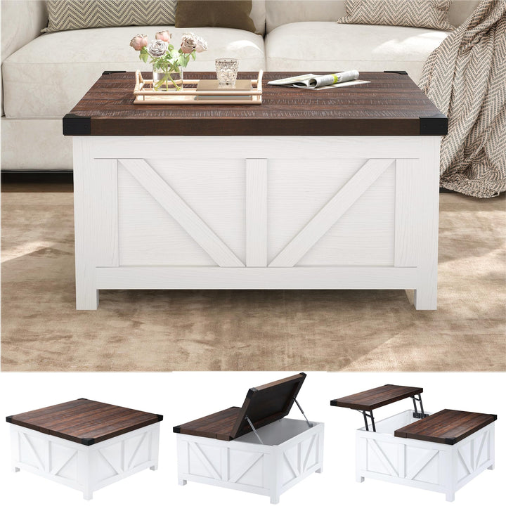 jimeimen Farmhouse Lift Top Coffee Table with Storage, Wood Square Center Table with Charging Station&amp;USB Port, Living Room Table w/Large Hidden Space, for Living Room, Bedroom, Home Office, White 