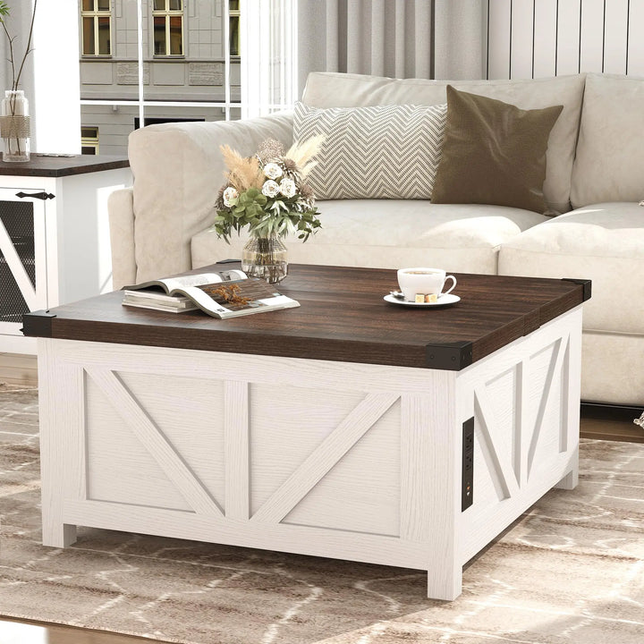jimeimen Farmhouse Lift Top Coffee Table with Storage, Wood Square Center Table with Charging Station&USB Port, Living Room Table w/Large Hidden Space, for Living Room, Bedroom, Home Office, White