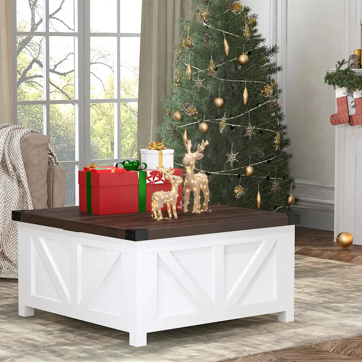 jimeimen Farmhouse Lift Top Coffee Table with Storage, Wood Square Center Table with Charging Station&USB Port, Living Room Table w/Large Hidden Space, for Living Room, Bedroom, Home Office, White
