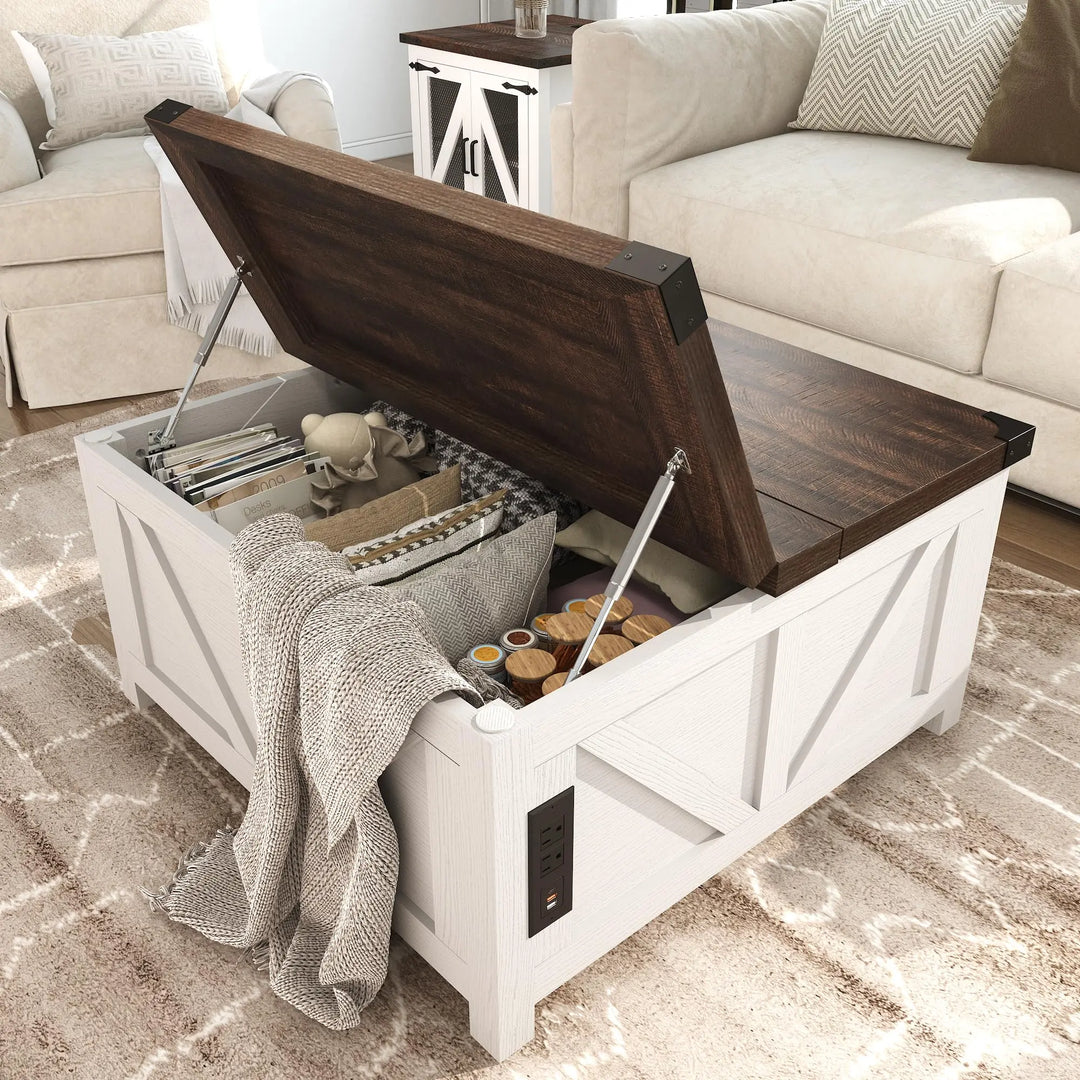 jimeimen Farmhouse Lift Top Coffee Table with Storage, Wood Square Center Table with Charging Station&USB Port, Living Room Table w/Large Hidden Space, for Living Room, Bedroom, Home Office, White