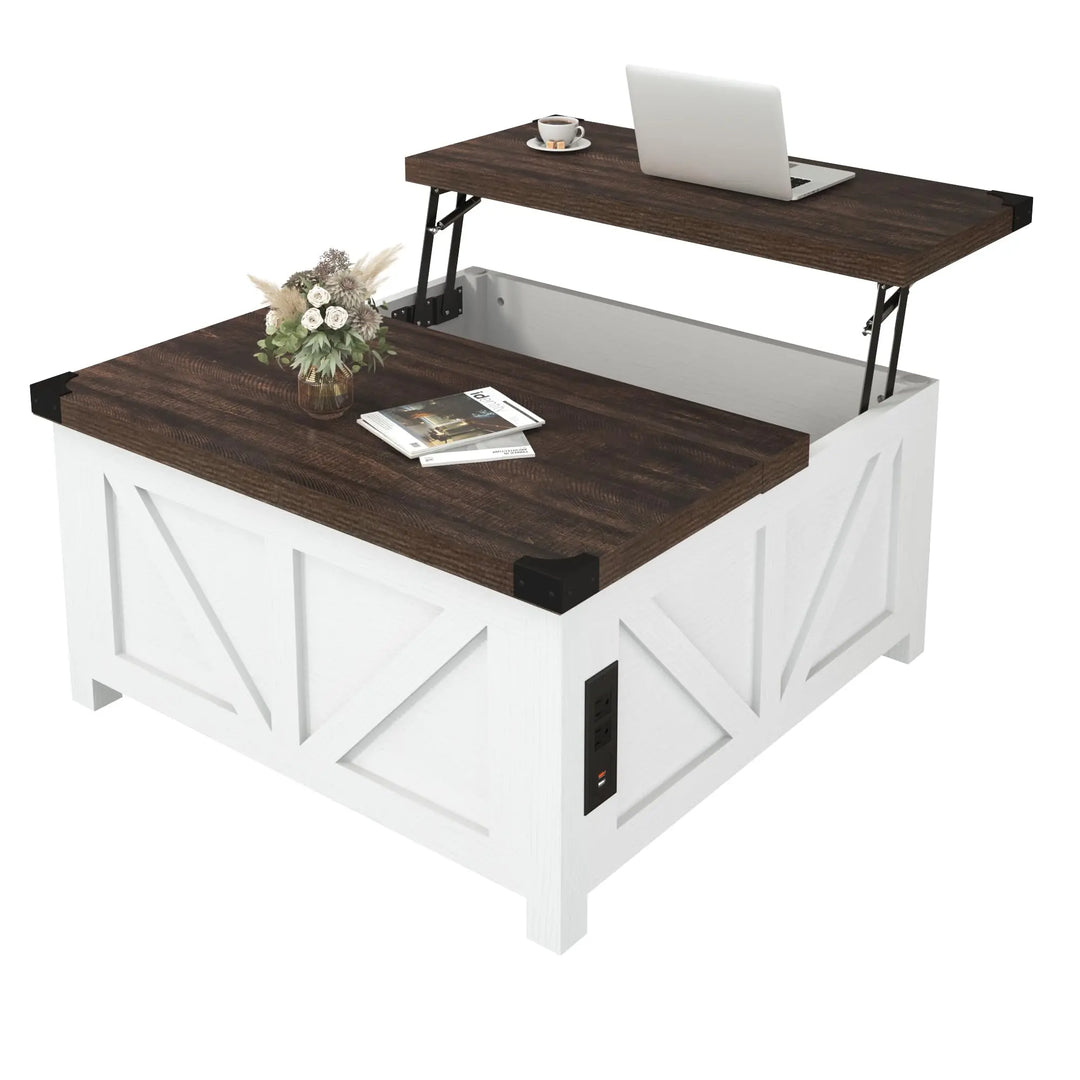 jimeimen Farmhouse Lift Top Coffee Table with Storage, Wood Square Center Table with Charging Station&USB Port, Living Room Table w/Large Hidden Space, for Living Room, Bedroom, Home Office, White