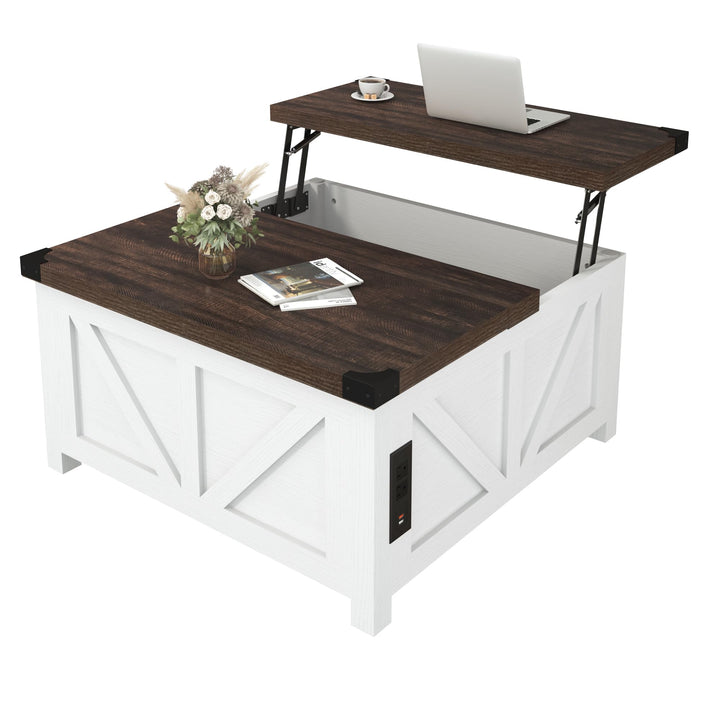 jimeimen Farmhouse Lift Top Coffee Table with Storage, Wood Square Center Table with Charging Station&amp;USB Port, Living Room Table w/Large Hidden Space, for Living Room, Bedroom, Home Office, White 