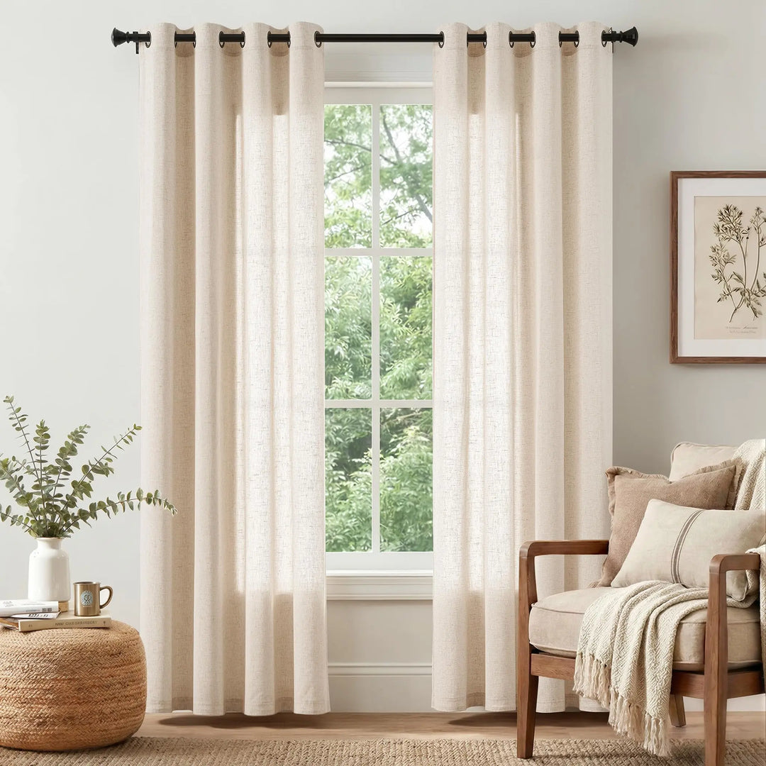 jinchan Beige Linen Curtains 84 Inch Light Filtering Grommet 2 Panels Set