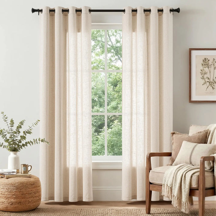 jinchan Beige Linen Curtains 84 Inch Light Filtering Grommet 2 Panels Set