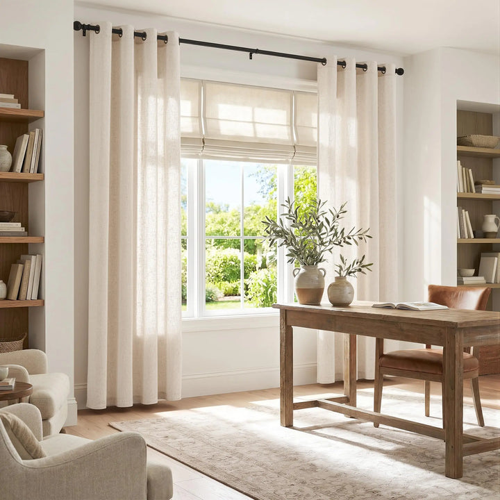 jinchan Beige Linen Curtains 84 Inch Light Filtering Grommet 2 Panels Set