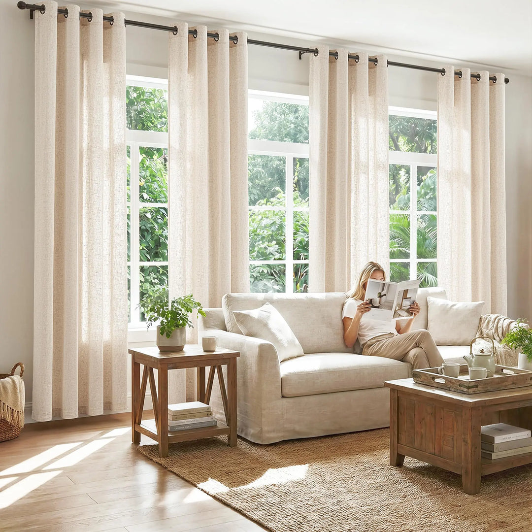 jinchan Beige Linen Curtains 84 Inch Light Filtering Grommet 2 Panels Set