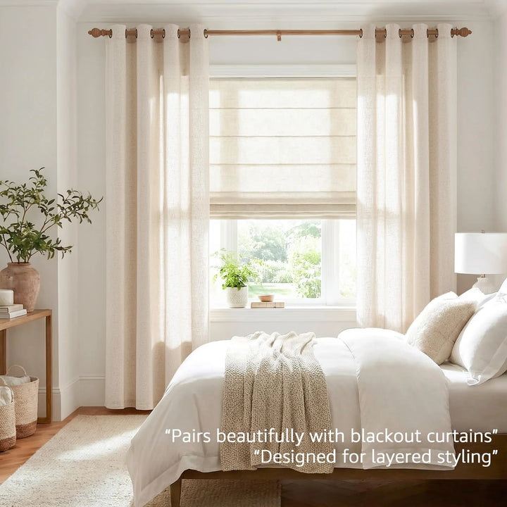 jinchan Beige Linen Curtains 84 Inch Light Filtering Grommet 2 Panels Set