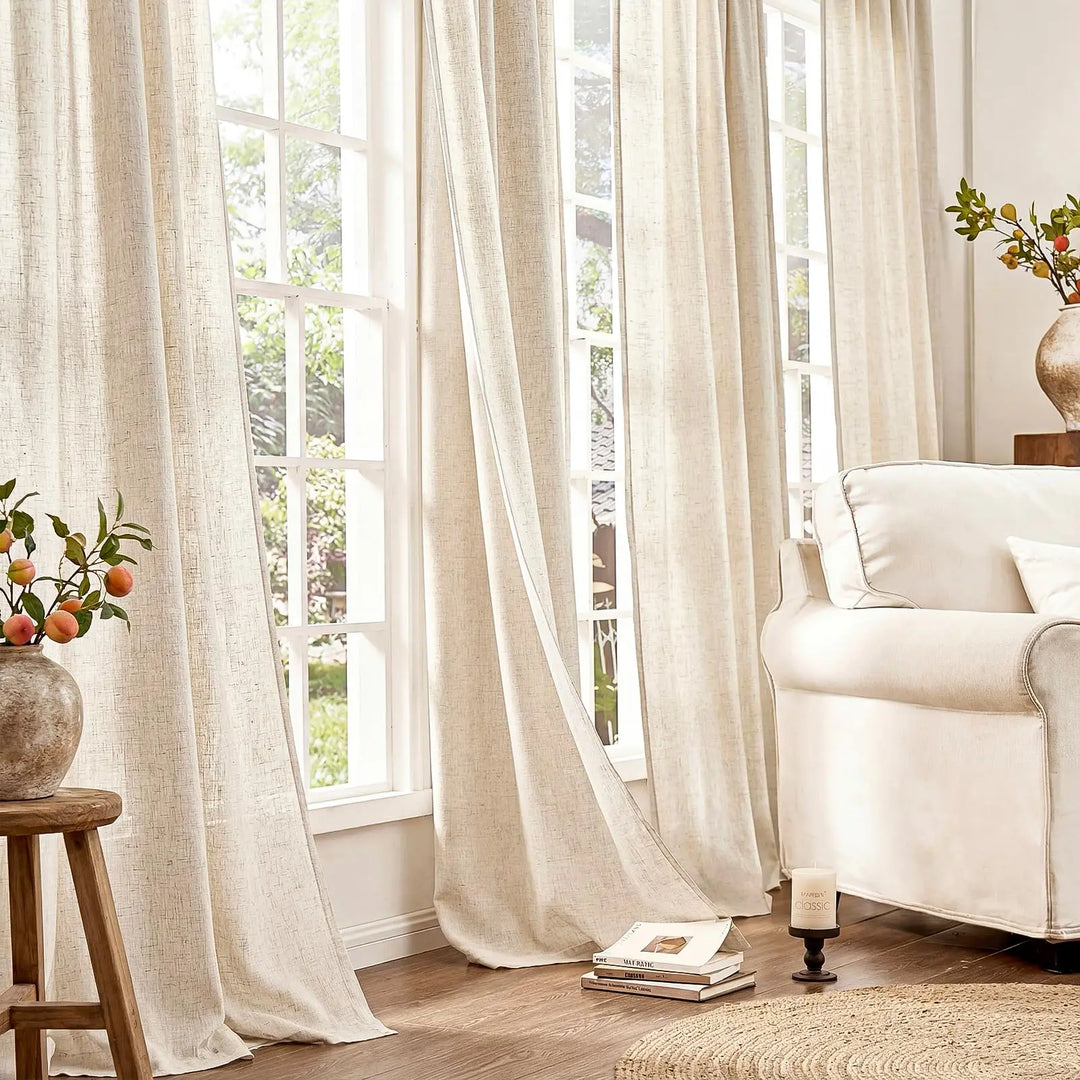 jinchan Beige Linen Curtains 84 Inch Light Filtering Grommet 2 Panels Set
