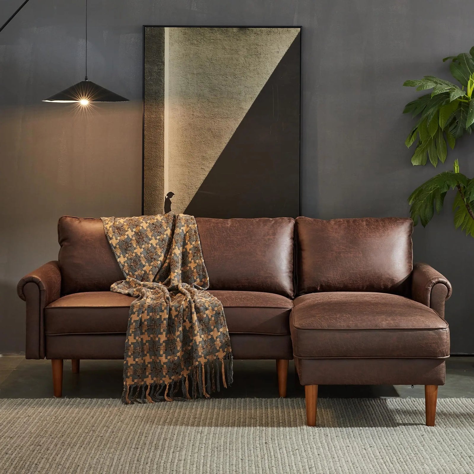 ovios 81.5" L-Shape Sofa with Chaise, 3-Seater Deep Seat, Suede Leather with Comfy Cushion, Right Chaise - Dark Brown 