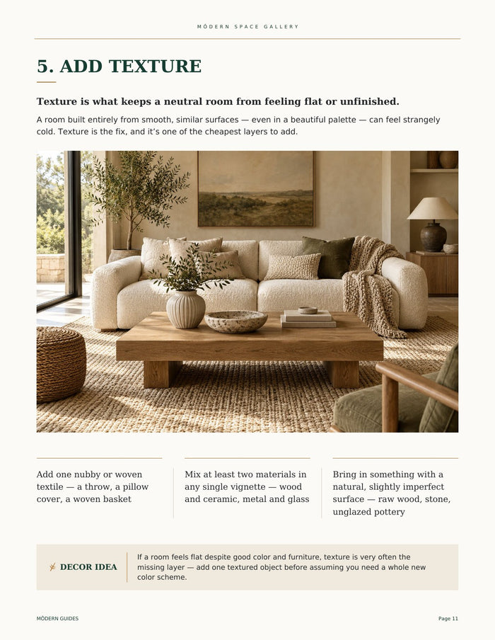 Page 11 of The Môdern Home Refresh Guide: Refresh 5, Add Texture, with a styled living room photo and three ways to add texture.