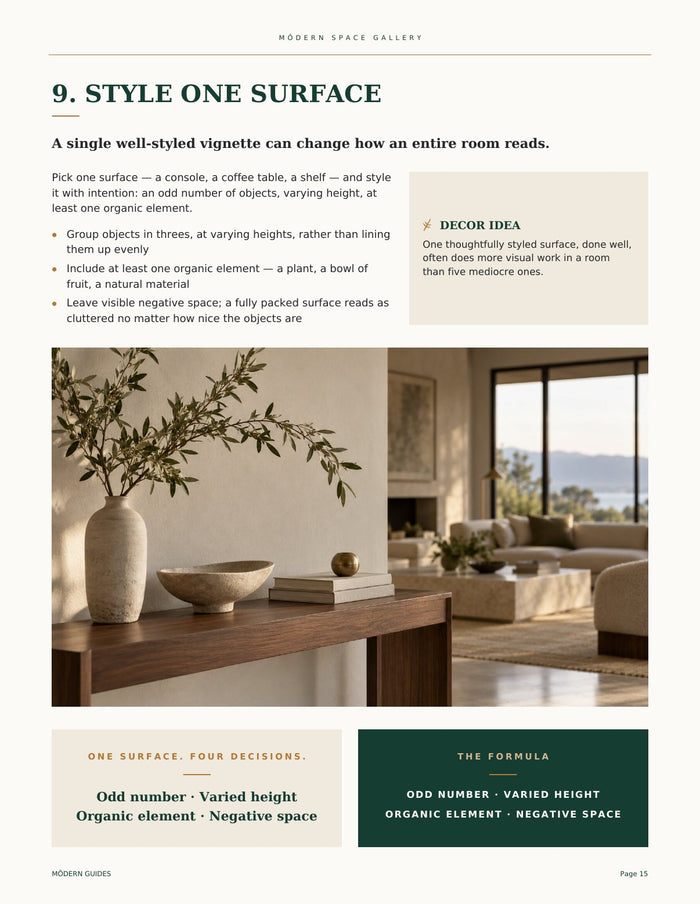 Page 15 of The Môdern Home Refresh Guide: Refresh 9, Style One Surface, with styling tips and a photo of a styled console table.