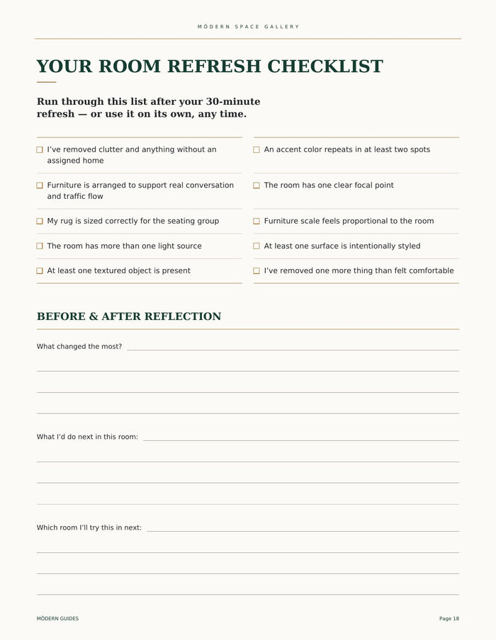 Page 18 of The Môdern Home Refresh Guide: Your Room Refresh Checklist, with ten checkboxes and a before-and-after reflection worksheet.