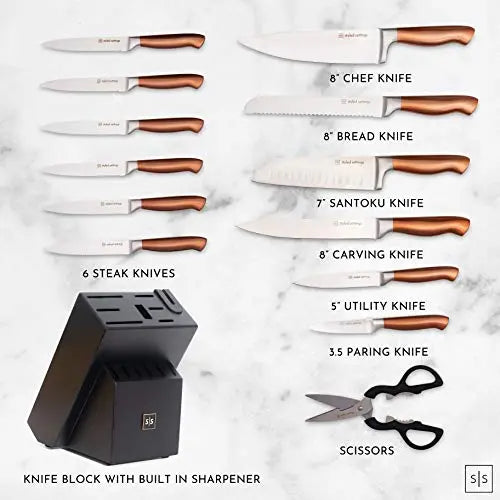 14 PC Self Sharpening Copper Knife Block Set - Rose Gold STYLED SETTINGS