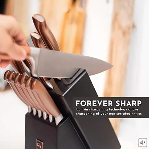 14 PC Self Sharpening Copper Knife Block Set - Rose Gold STYLED SETTINGS