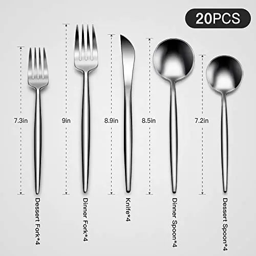 20-Piece Stainless Steel Matte Flatware Silverware Set, Satin Finish, Service for 4 - Silver Areszon