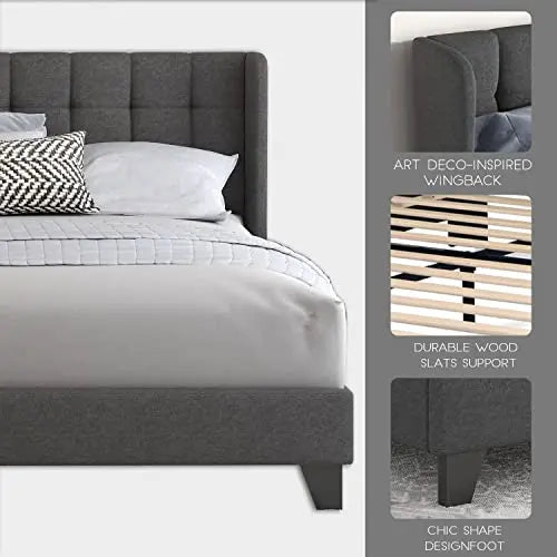 Einfach Upholstered Wingback Platform Bed Frame - Dark Grey Einfach