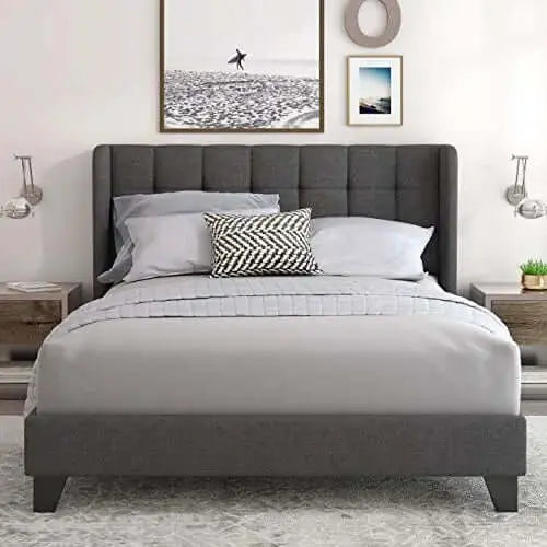 Einfach Upholstered Wingback Platform Bed Frame - Dark Grey Einfach