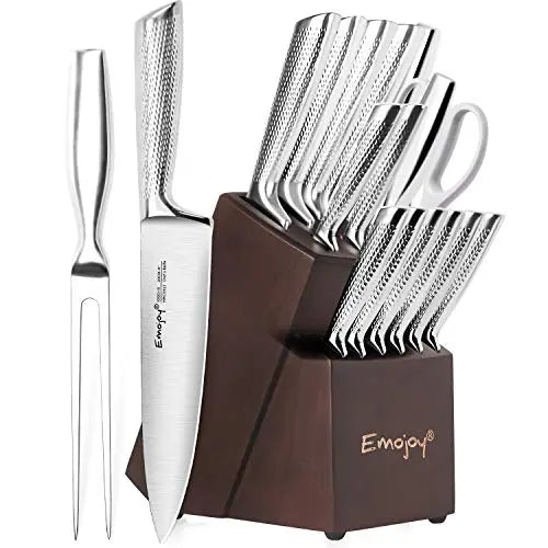 Emojoy Knife Set, 16 Kitchen Knives with Wooden Block - Stainless Steel Emojoy