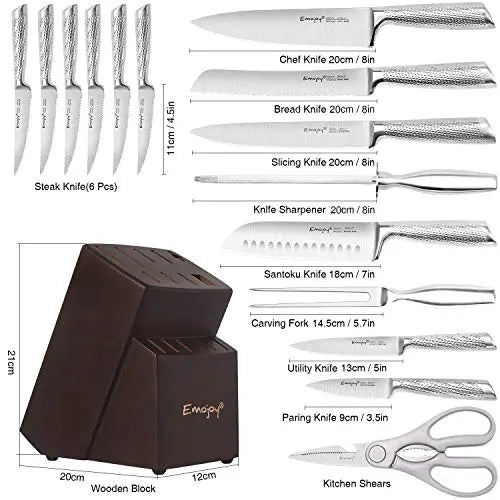 Emojoy Knife Set, 16 Kitchen Knives with Wooden Block - Stainless Steel Emojoy