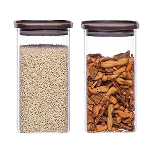 Essos Square Glass Jars with Wooden Lids | Set of (2) 52 fl oz Airtight and Stackable Storage Containers Essos