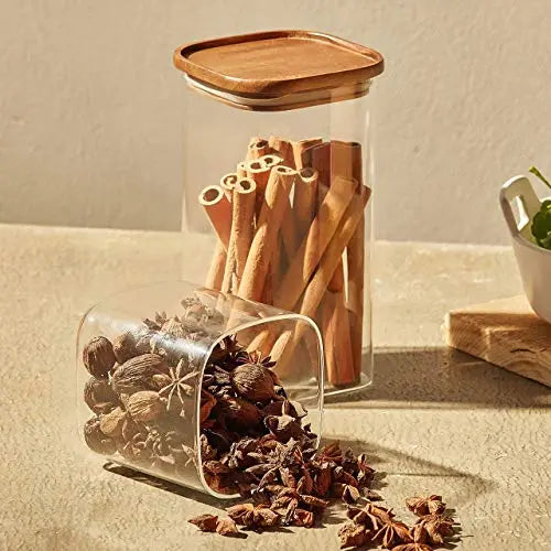 Square Glass Jars with Wood Lids - Essos Home and Kitchen