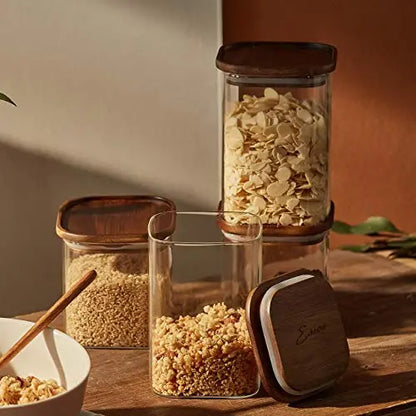 Essos Square Glass Jars with Wooden Lids | Set of (2) 52 fl oz Airtight and Stackable Storage Containers Essos