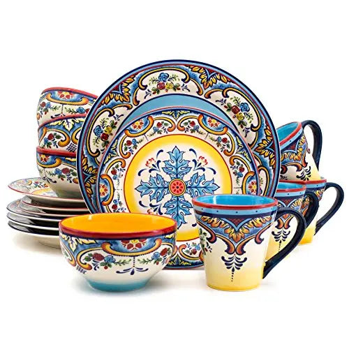 Euro Ceramica Zanzibar Dinnerware 16-Piece Set Serves 4, Spanish Floral Design - Multicolor Euro Ceramica