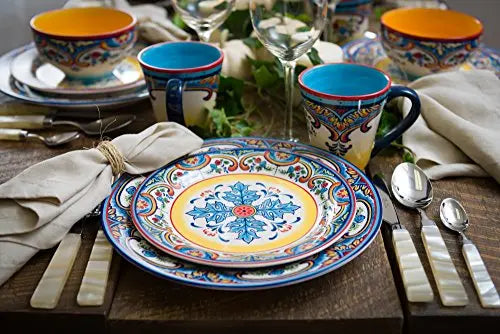 Euro Ceramica Zanzibar Dinnerware 16-Piece Set Serves 4, Spanish Floral Design - Multicolor Euro Ceramica